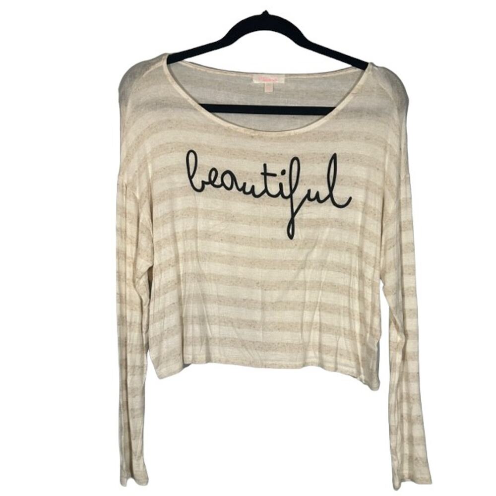 Maronie Cream Oatmeal Striped Long Sleeve Lightweight Cropped Top Women Sz L